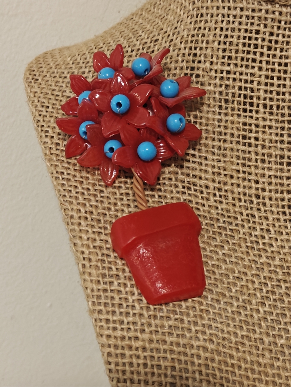 Vintage Old Plastic Red Flower Pot Brooch with Turquoise Blue Beads Accents